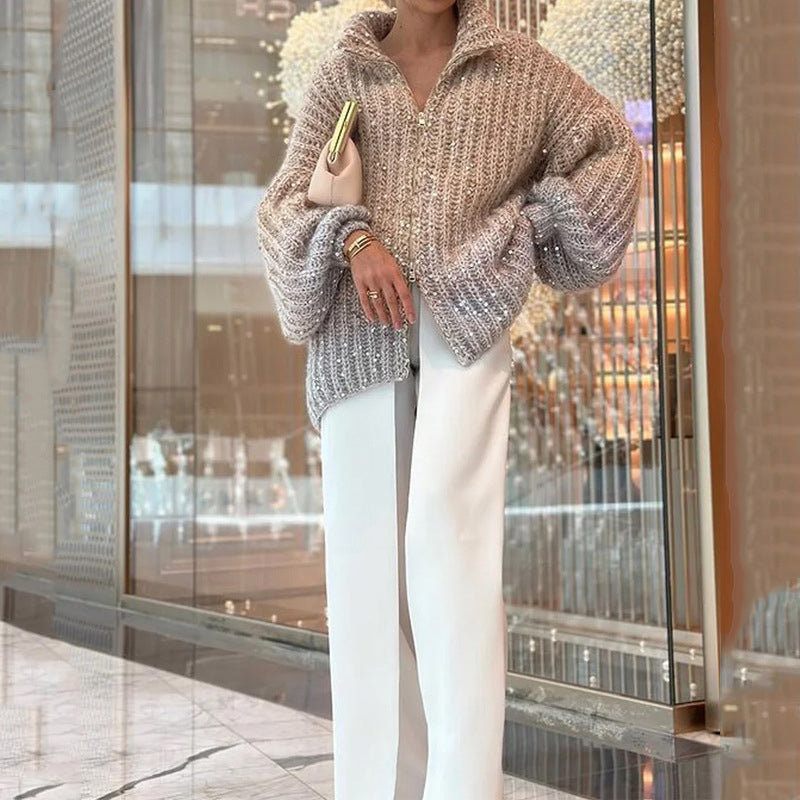 Knitted sweater jacket with solid sequins